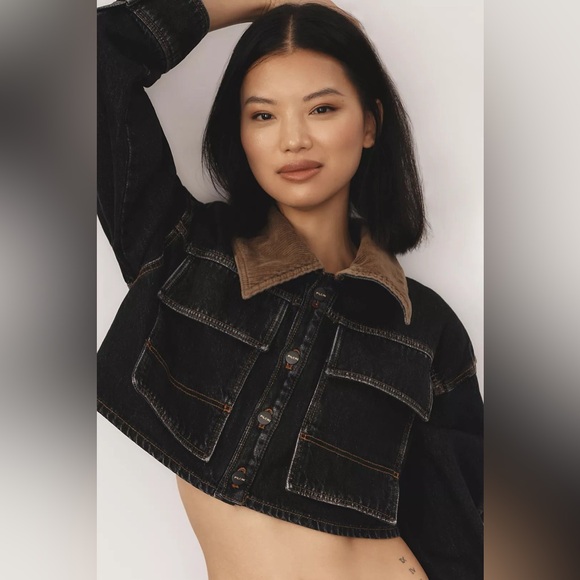 Pilcro Cropped Denim Barn Jacket Corduroy Collar Washed Black Womens XS - Picture 3 of 11